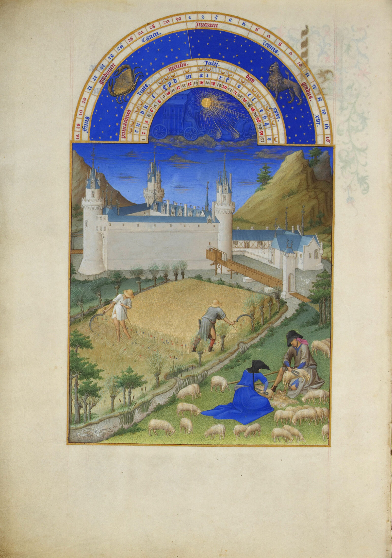 Iluminura medieval: dois camponeses ceifam trigo com foices diante de um castelo de torres brancas; à direita, um casal tosquia ovelhas