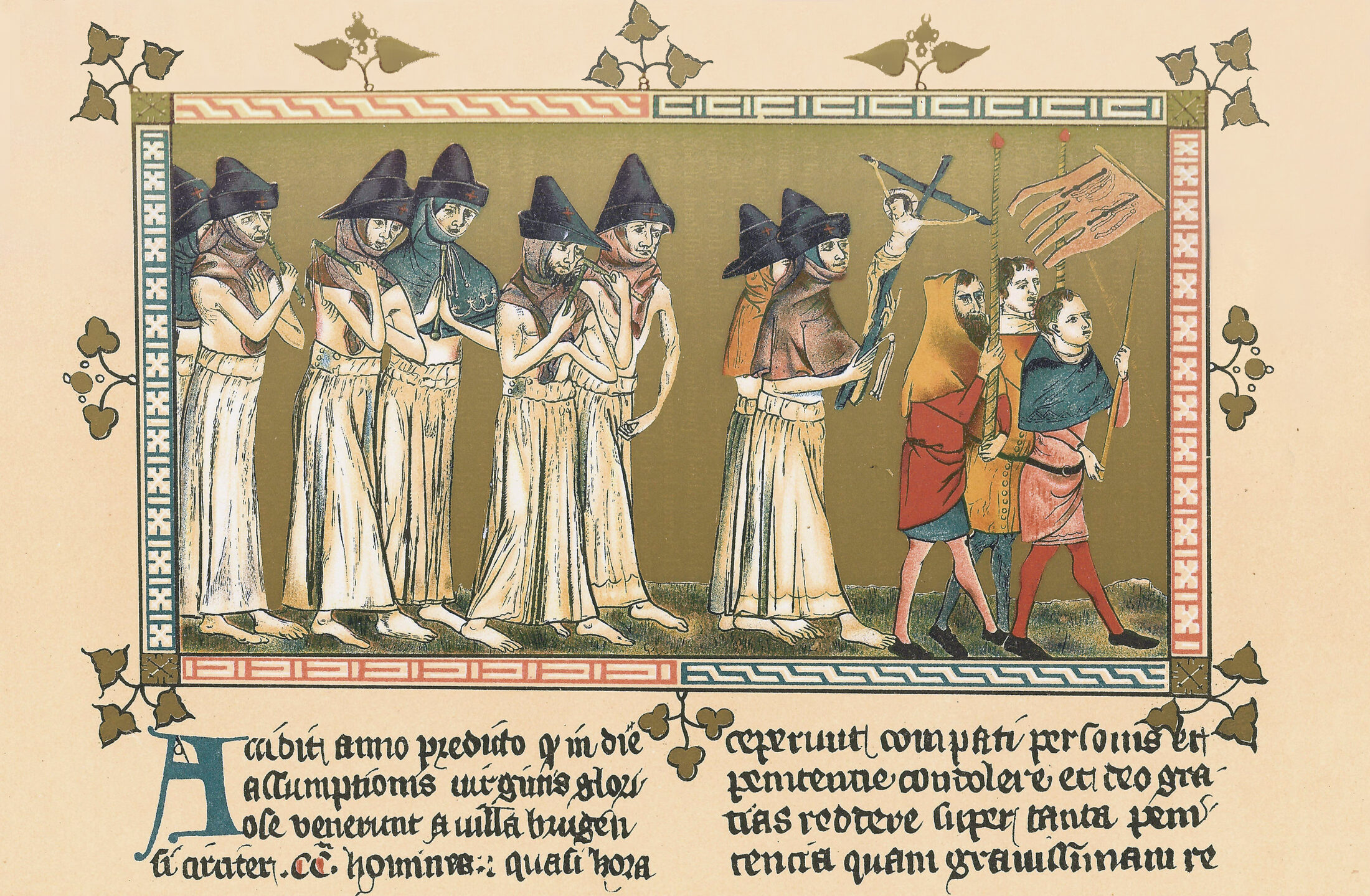 Iluminura medieval: procissão de flagelantes descalços e encapuzados chicoteando as próprias costas, seguidos de três figuras com cruz e estandarte